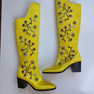 CHRISTIAN LOUBOUTIN Morgan Fleur Crystal Embellished Unisex Yellow Satin Boots